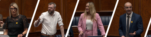 A montage of MLAs debating in the Assembly Chamber.