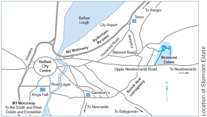 Parliament Buildings location map A picture of a map showing the location of Parliament Buildings in relation to Belfast City Centre